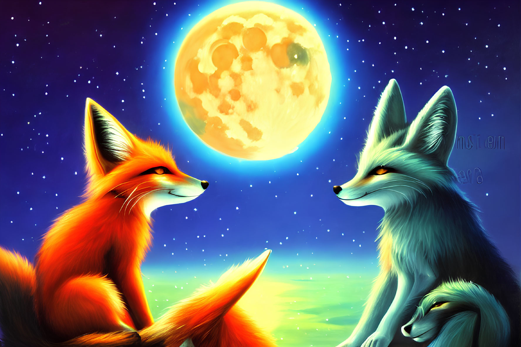 Stylized foxes under a full moon in vibrant colors