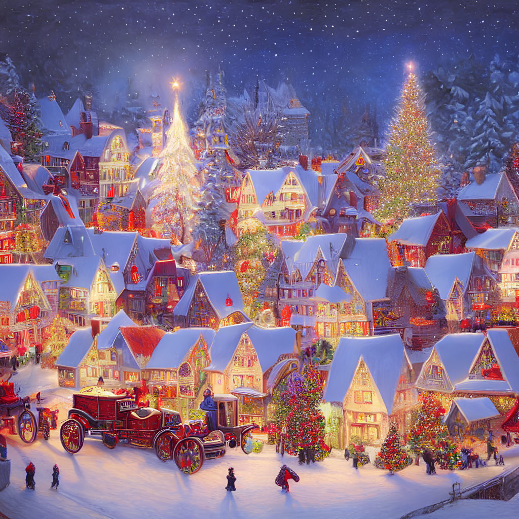 Snow-covered holiday village with Christmas decorations, horse-drawn carriage, and festive lights