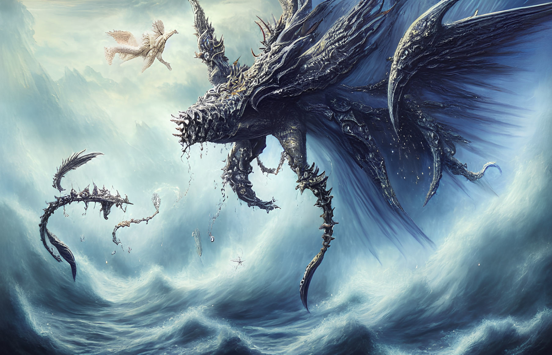 Black dragon with wings confronts creatures in fantasy seascape
