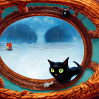 Colorful Cat Illustration with Green Eyes Behind Ornate Mirror
