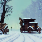 Vintage Black Car with Gold Detailing in Winter Forest Scene