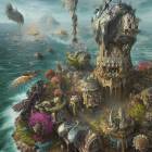 Intricate Underwater City with Elaborate Towers and Golden Light