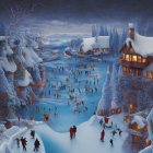 Winter ice skating scene with mythical creatures and cozy lit houses.