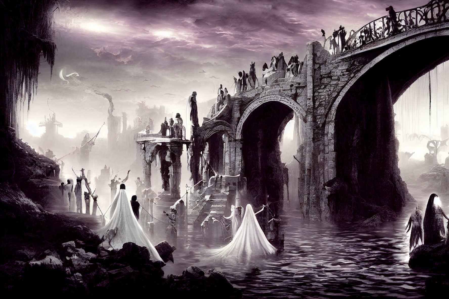 Monochrome fantasy landscape with ghostly figures, stone bridges, and misty atmosphere