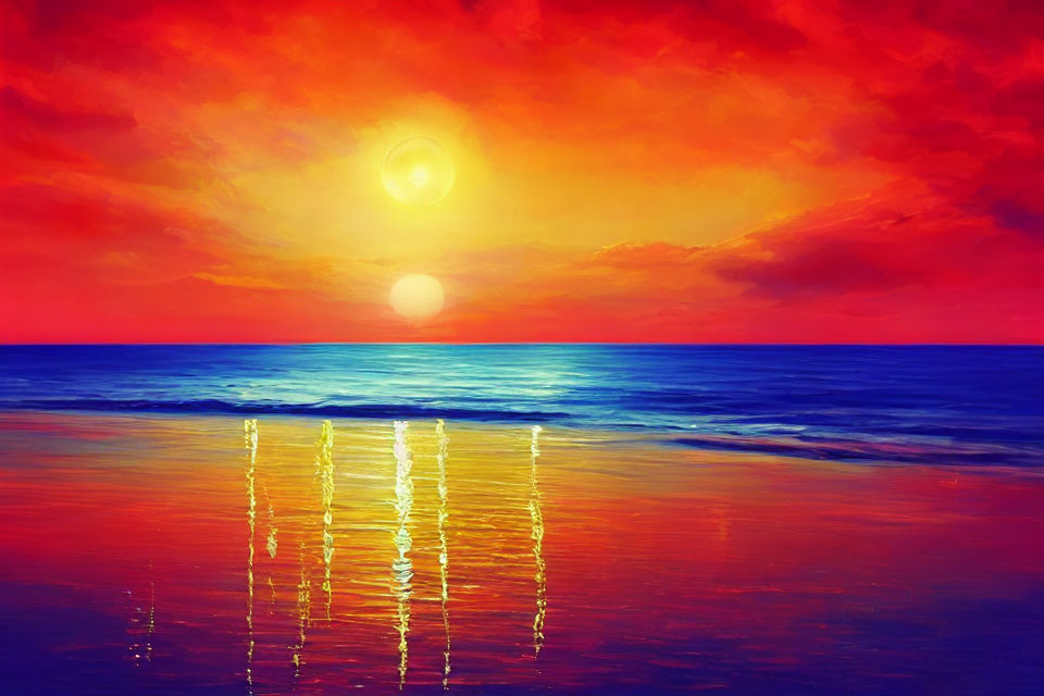 Colorful sunset painting with dual reflection over ocean waters