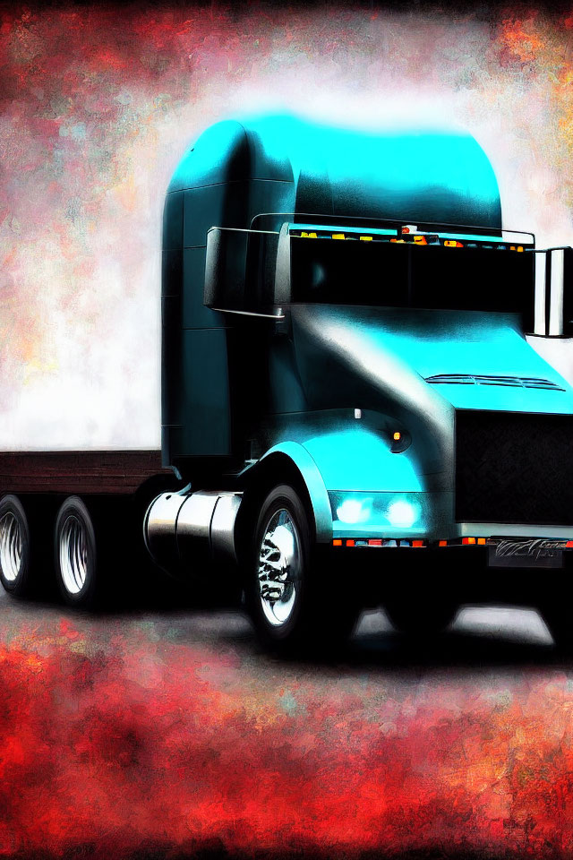 Blue semi-truck illustration on red abstract background with headlights and chrome details