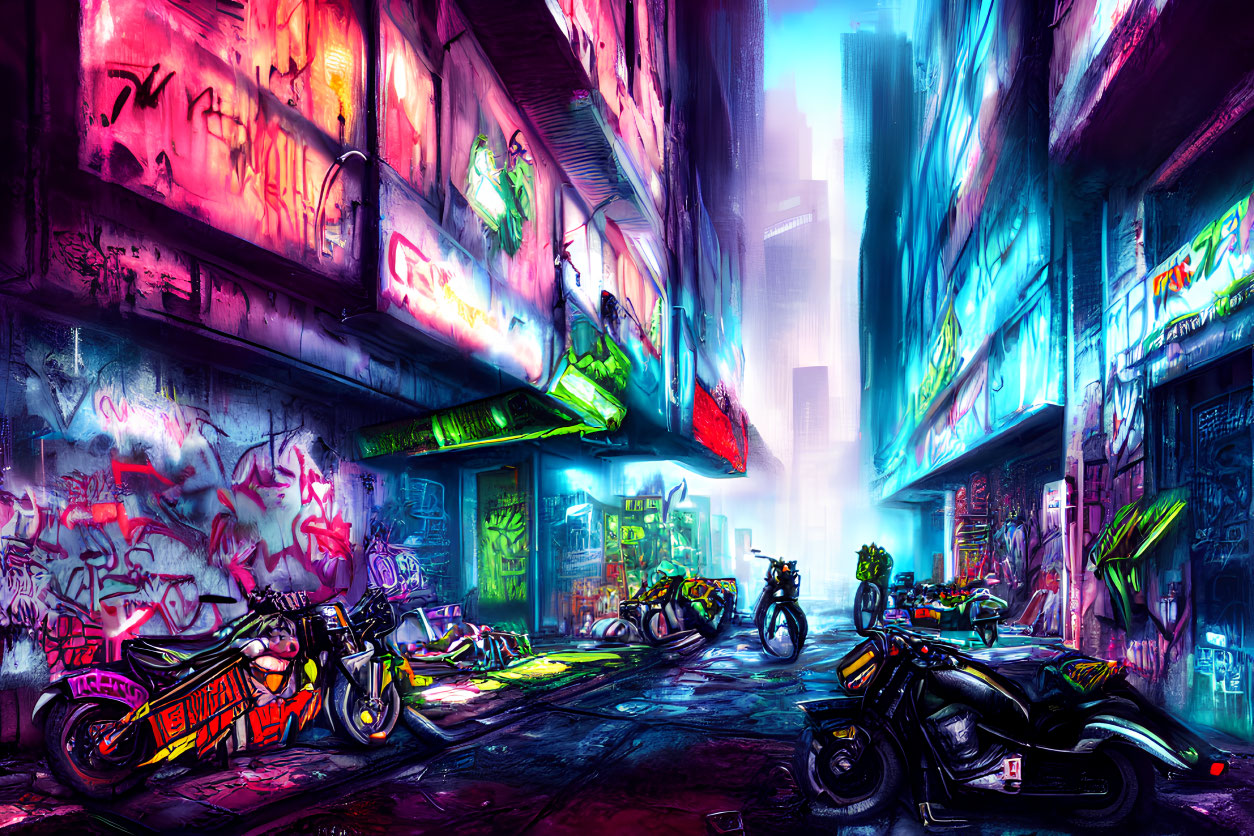 Neon-lit cyberpunk cityscape with graffiti and motorcycles at night