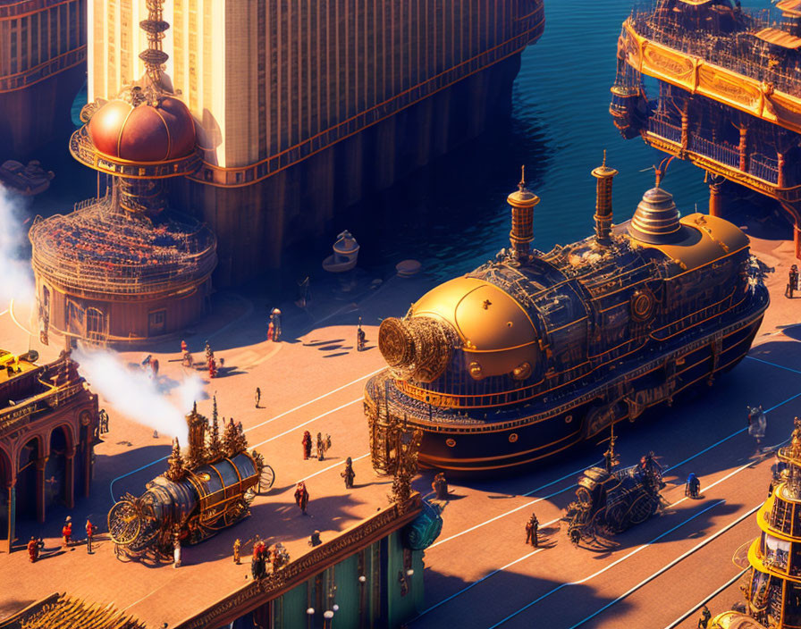 Steampunk-themed port with brass vessels and intricate architecture