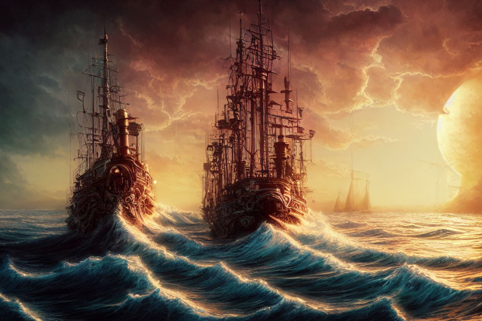 Historic galleons navigating stormy seas at sunset with windmills in the distance