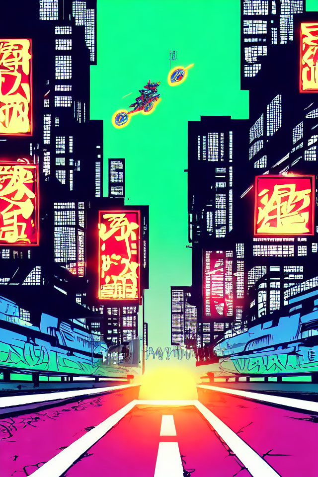 Vibrant neon-lit futuristic cityscape with Asian script signs