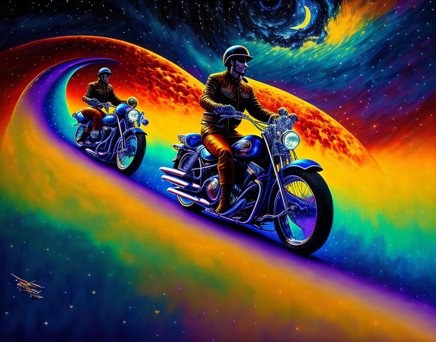 Motorcyclists ride against cosmic backdrop with stars, planets, and nebula.