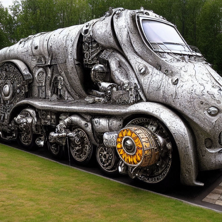 Intricate metallic train sculpture with large wheel on grassy backdrop