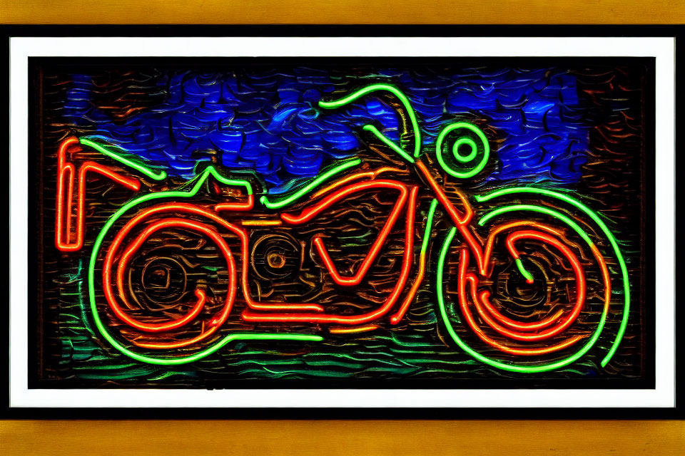 Colorful Neon Light Motorcycle Artwork on Canvas with Dark Background