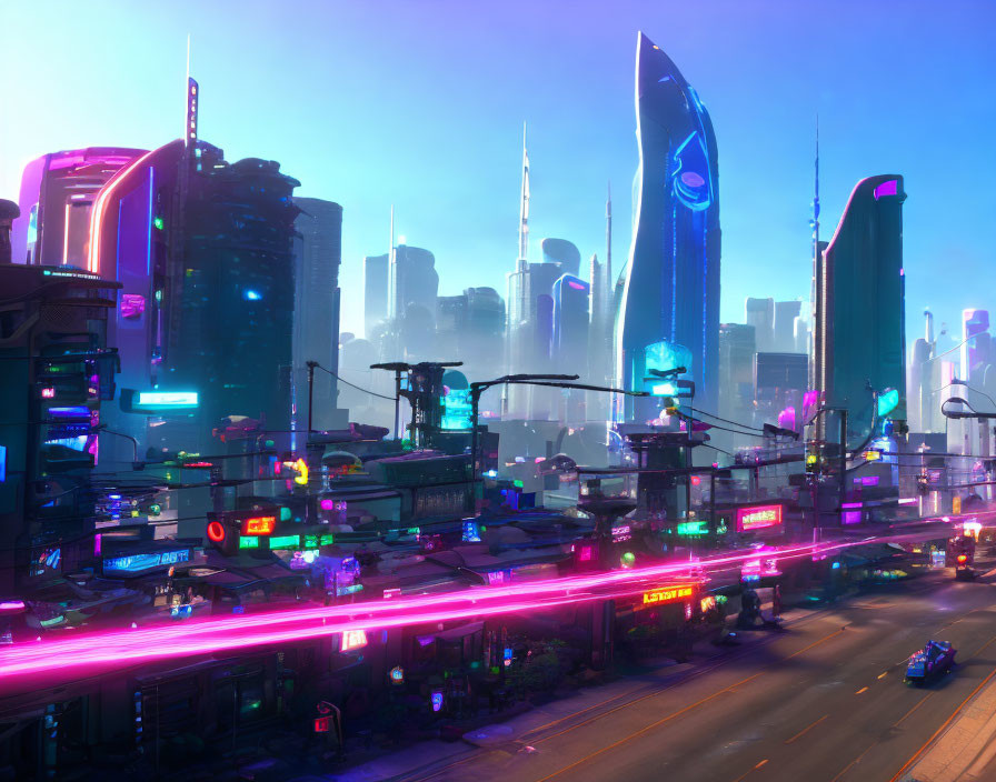 Futuristic cityscape with neon lights and flying vehicles at dusk