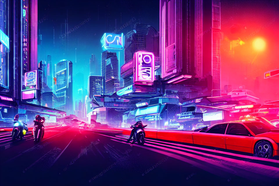 Futuristic neon-lit cityscape with flying cars and skyscrapers