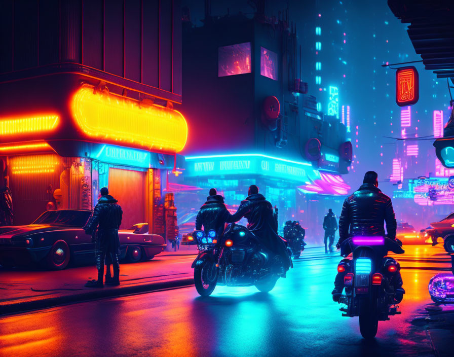 Futuristic neon-lit cityscape with motorcycles and pedestrians under purple sky