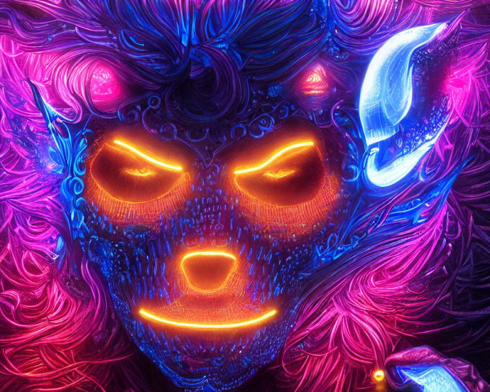 Colorful digital artwork featuring stylized creature with neon fur and glowing eyes