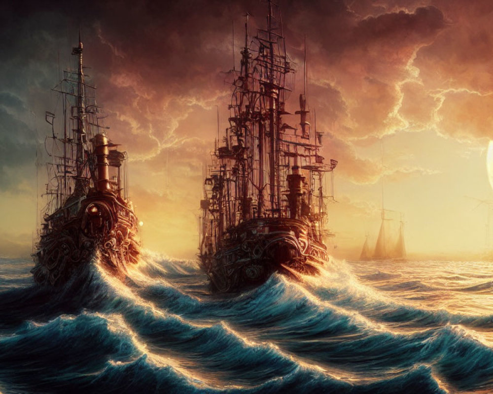 Historic galleons navigating stormy seas at sunset with windmills in the distance