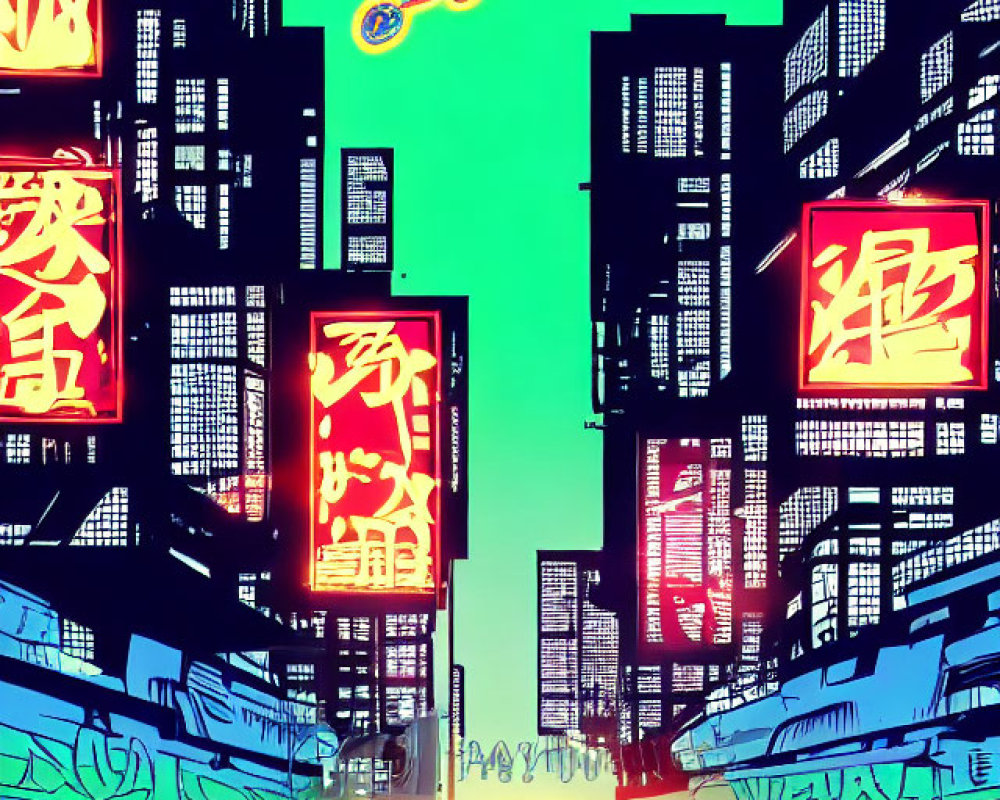 Vibrant neon-lit futuristic cityscape with Asian script signs