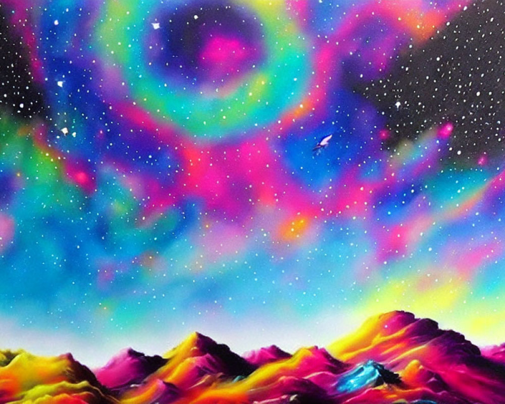 Colorful Swirling Galaxy Over Mountain Range in Pink, Blue, Green, and Purple