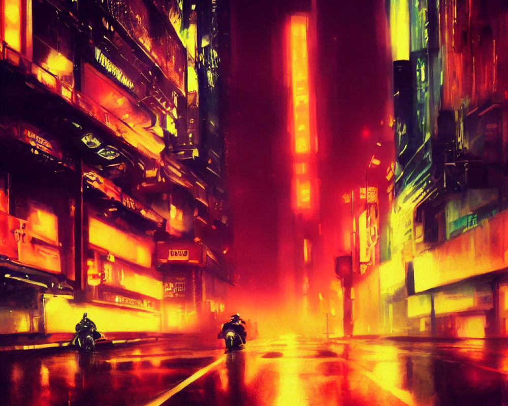 Futuristic city street with speeding motorcycles at night