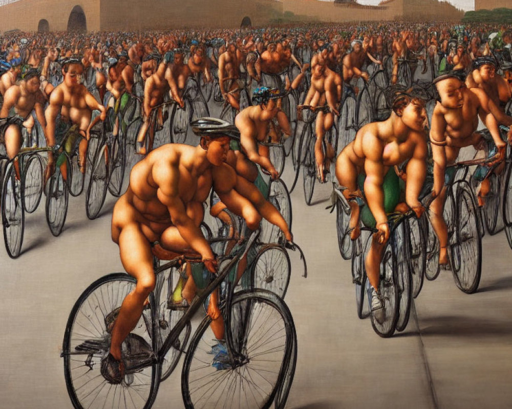 Surreal painting: Naked men on bicycles by ancient city