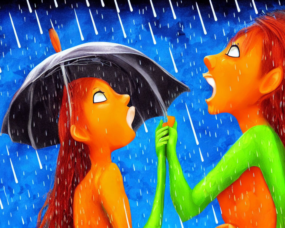 Two animated girls in contrasting tones under pouring rain
