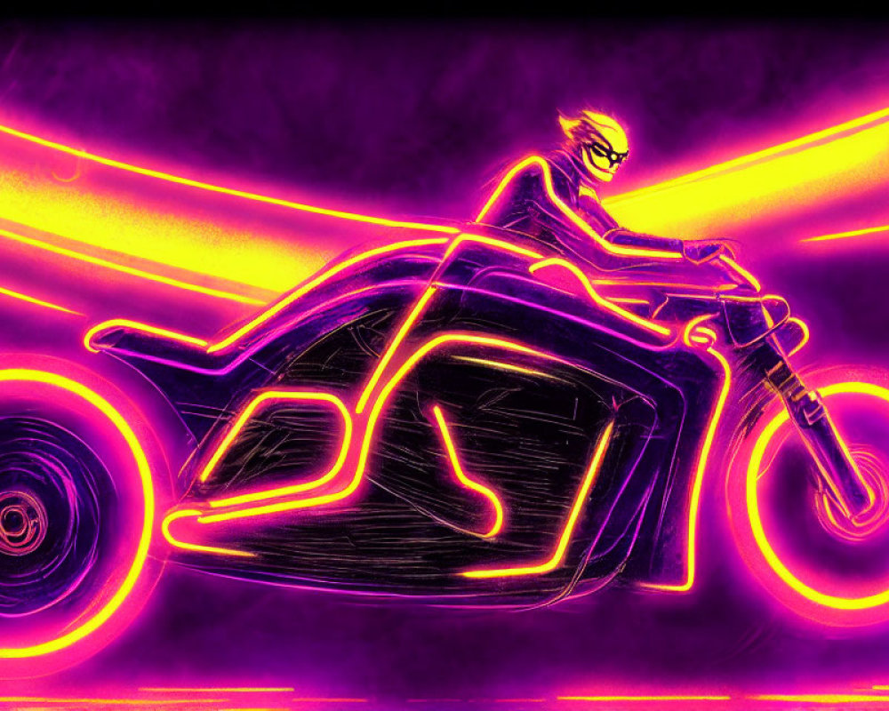 Vibrant neon-lit artwork: person on motorcycle with pink and yellow streaks