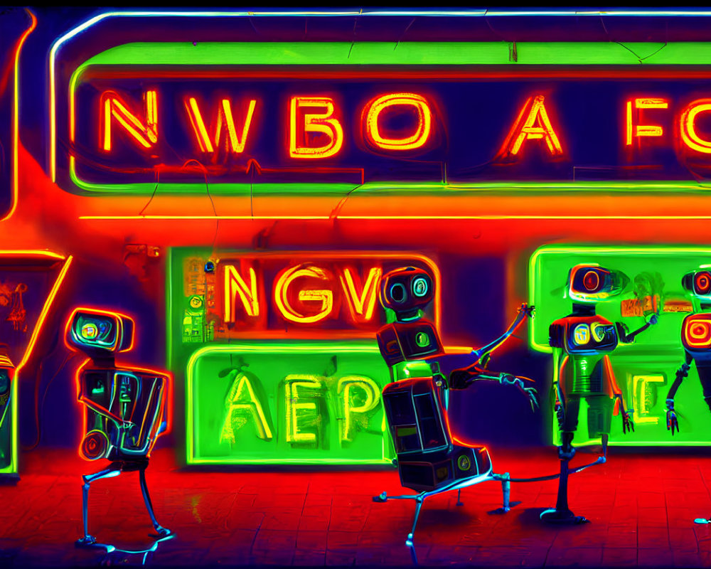 Colorful animated robots dancing in front of neon-lit wall with scrambled letters