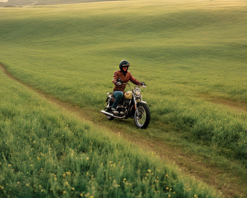 Person riding classic motorcycle on curving dirt path through lush green field
