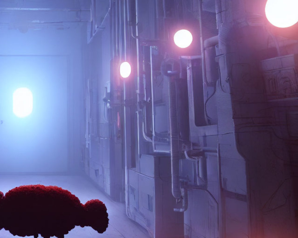 Futuristic sheep in illuminated corridor with industrial decor
