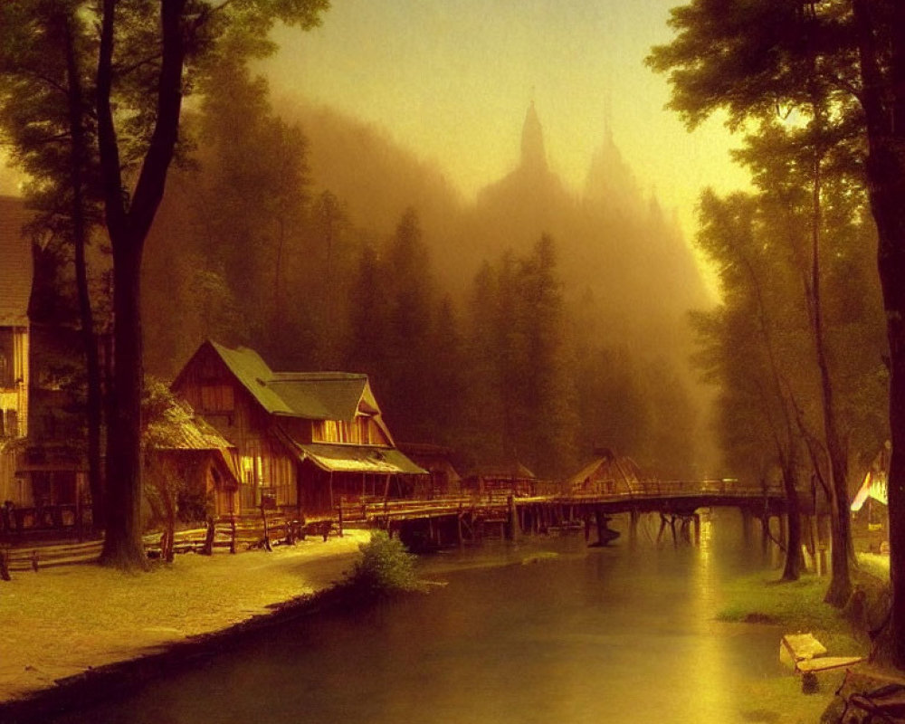 Rustic wooden houses, bridge, river, misty forest, and castle silhouettes in
