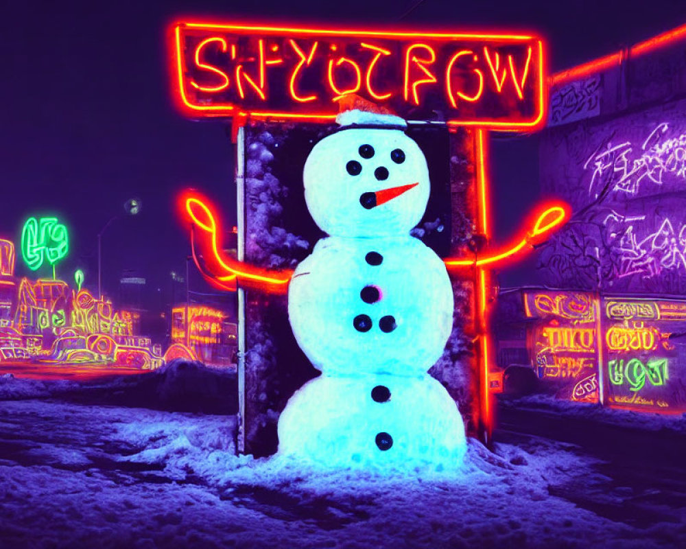 Colorful snowman surrounded by neon signs and graffiti in a winter night scene