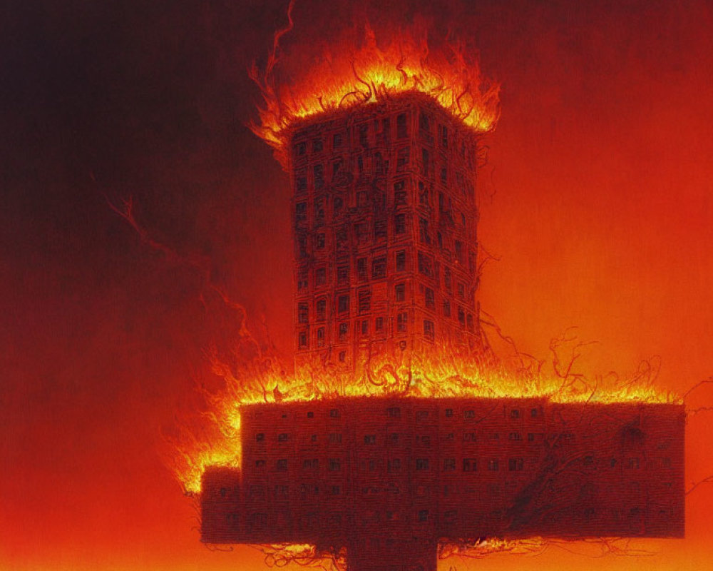 Intense flames engulf towering building in dark backdrop