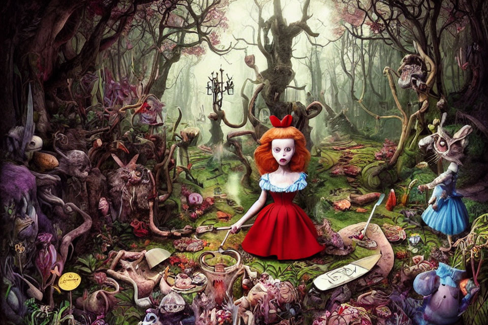 Whimsical Dark Forest Scene with Doll-like Character & Curious Creatures