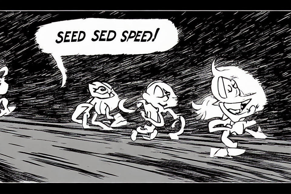 Monochrome artwork of three characters running in rain shouting "SEED SED SPED