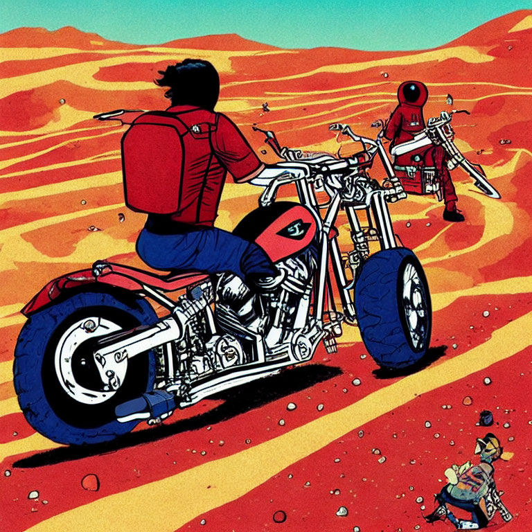 Animated characters on red desert with motorcycle rider and figure in foreground