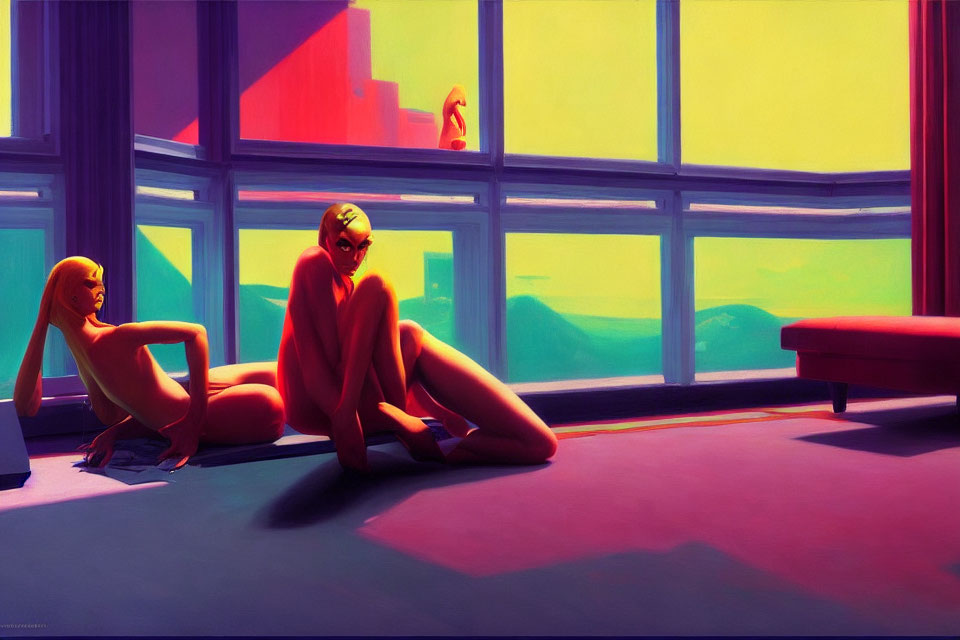 Stylized figures in vibrant room with abstract shapes