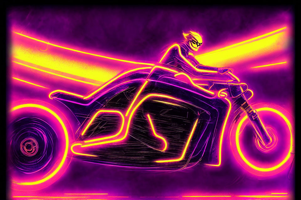 Vibrant neon-lit artwork: person on motorcycle with pink and yellow streaks
