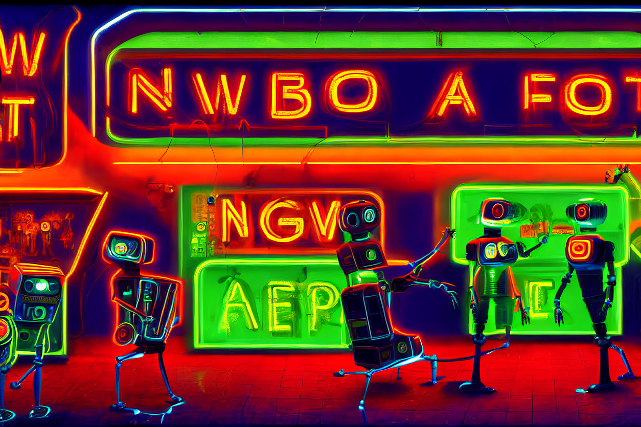 Colorful animated robots dancing in front of neon-lit wall with scrambled letters