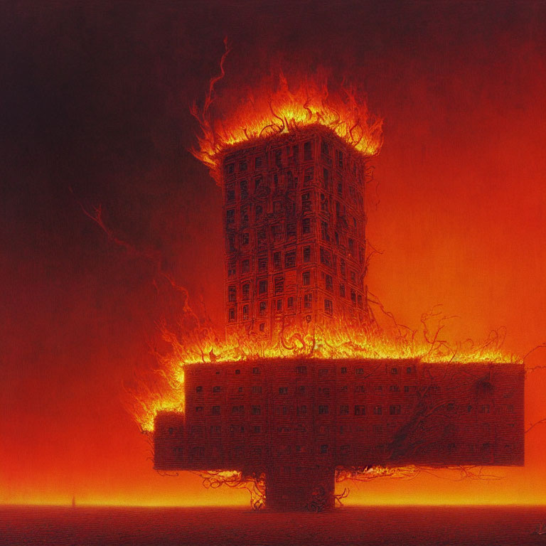 Intense flames engulf towering building in dark backdrop
