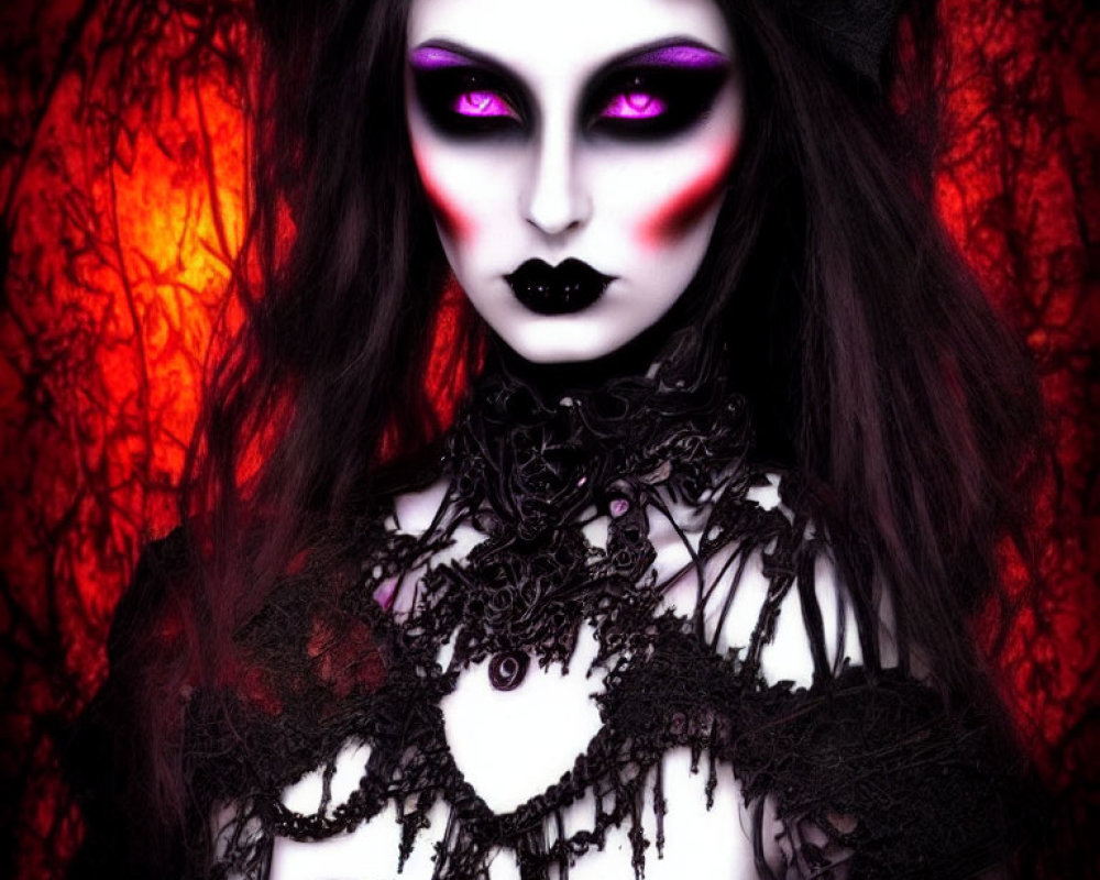 Person in dramatic gothic attire on fiery red background