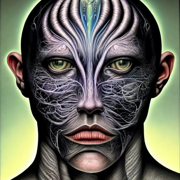 Intricate humanoid face digital artwork with alien-like features
