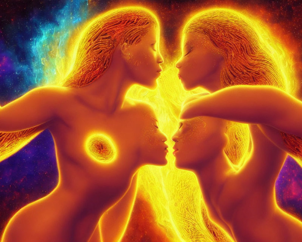 Digital artwork: Fiery energy figures touching foreheads in cosmic setting