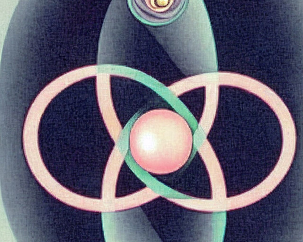 Detailed vintage-style atom illustration with electron paths and swirling nuclei.