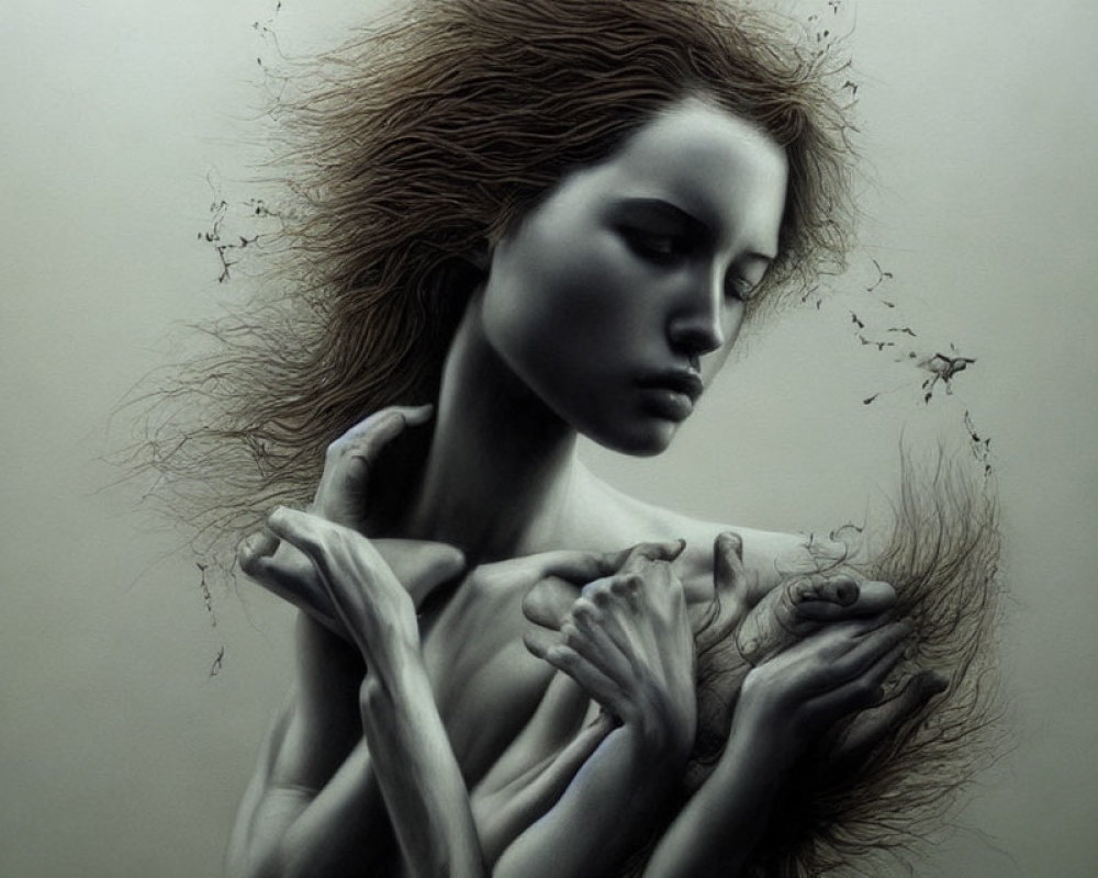 Monochromatic surreal artwork of woman in flowing hair pose with another version.