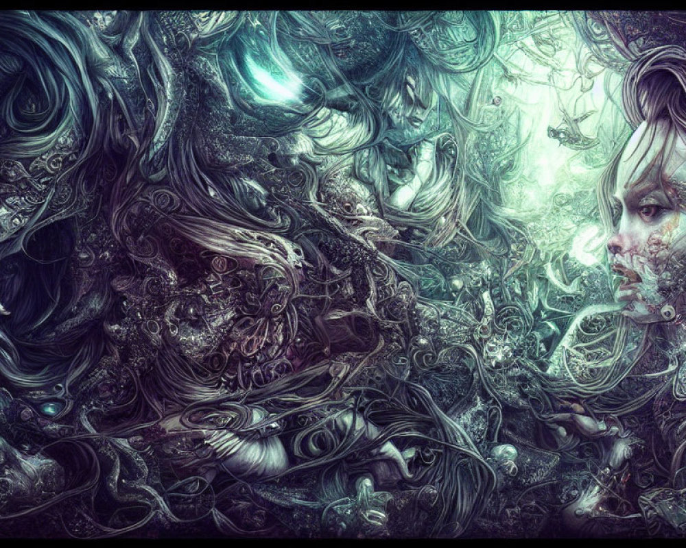 Fantastical digital artwork: Ethereal forms with human figure in intricate patterns