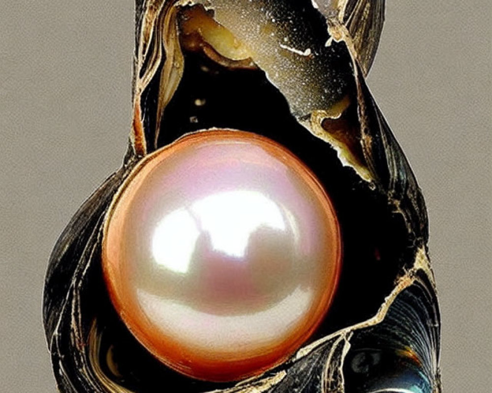 Iridescent oyster shell with large pearl contrast