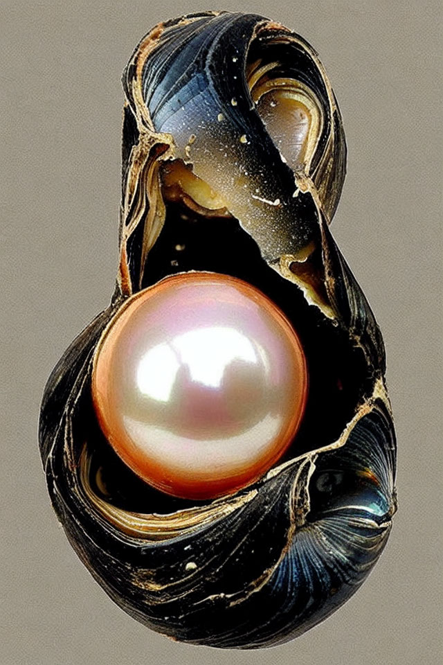Iridescent oyster shell with large pearl contrast