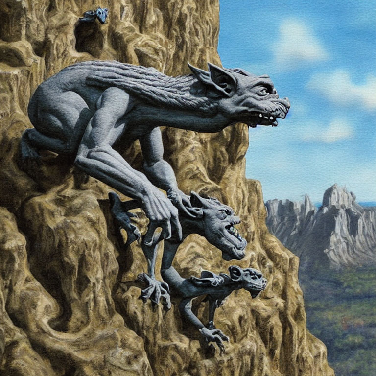 Illustration of Three Menacing Gargoyles Climbing Rocky Cliff